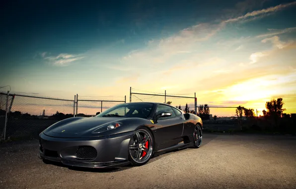 Picture the sky, clouds, sunset, the fence, F430, Ferrari, Ferrari, the front part