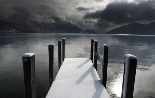 Picture winter, sadness, snow, lake, Pier