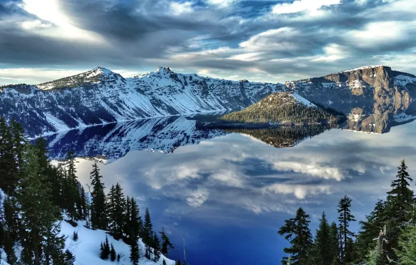 Picture winter, water, snow, trees, mountains, lake, reflection, USA, Crater Lake National Park