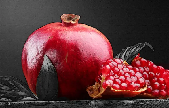 Picture red, fruit, black and white, Pomegranate