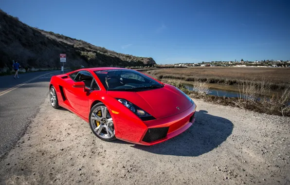 Picture road, red, markup, shadow, red, gallardo, lamborghini, front view, Lamborghini, Gallardo, lp540-4, road sign