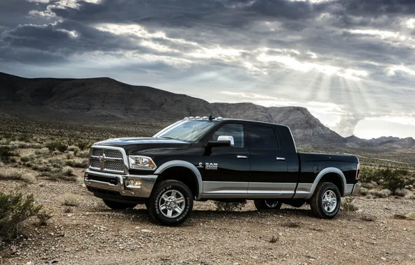 Picture The sky, Auto, Mountains, Black, Desert, Dodge, Pickup, 1500, Ram, Side view