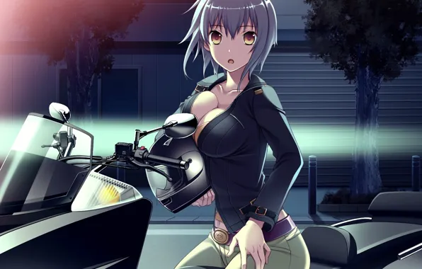Picture girl, light, night, the city, motorcycle, helmet, game, Worlds and World's End