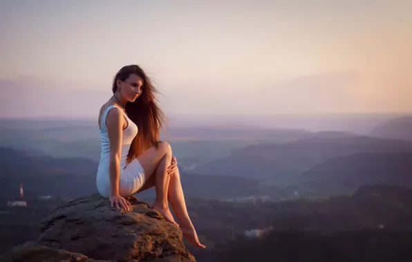 Picture girl, sunset, stone, view, height, dress, legs