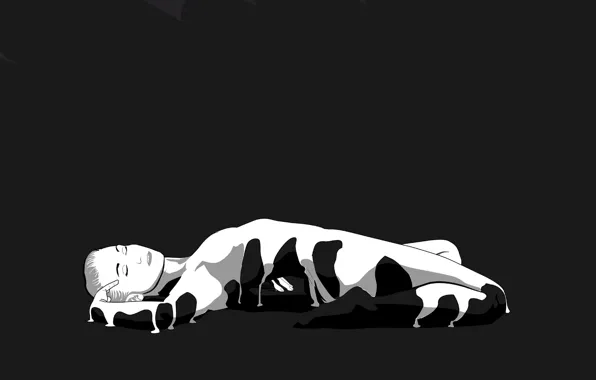 Picture pose, woman, figure, black and white, grey background, closed eyes, lying on her back