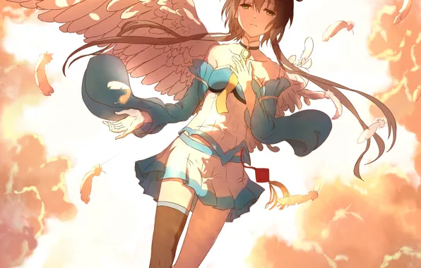 Picture the sky, girl, clouds, wings, anime, feathers, art, vocaloid, luo tianyi, lan thu