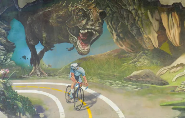 Picture road, dinosaur, chase, cyclist, Tyrannosaurus