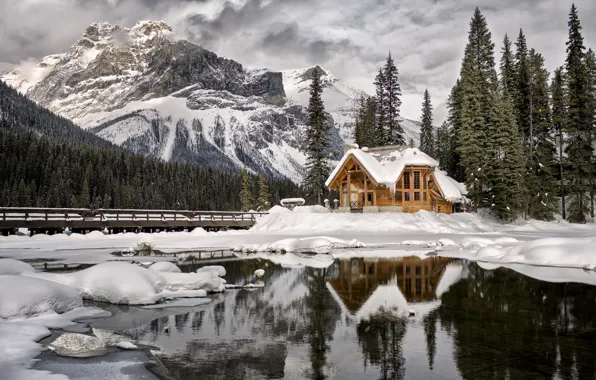 Picture winter, snow, trees, mountains, bridge, lake, hut