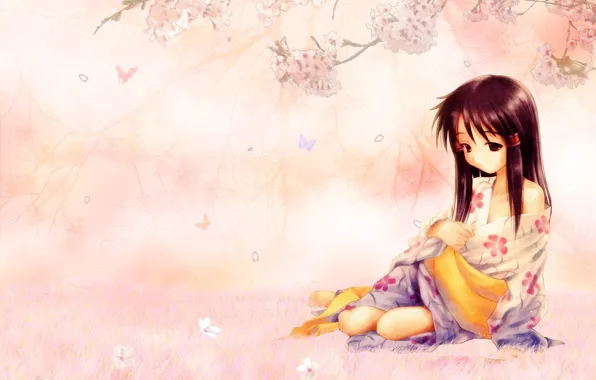 Picture sadness, girl, flowers, mood, Sakura, kimono
