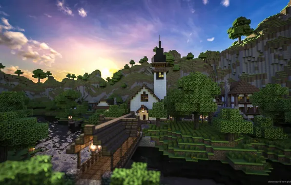 Picture forest, the sky, grass, clouds, mountains, bridge, house, river, lantern, Minecraft, Home At Sundown