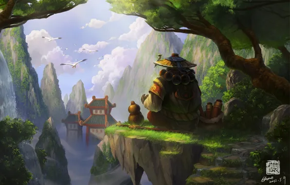 Picture trees, birds, rocks, Asia, height, hat, art, Panda, stage, temple, World of Warcraft, Mists of …