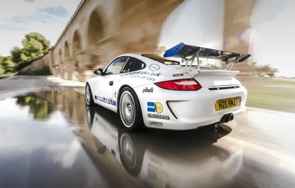 Picture reflection, speed, 997, Porsche, white, sports car, Porsche, Carrera S, EurocupGT, 3.8