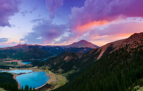 Picture forest, the sky, clouds, sunset, lake, USA, Colorado, pikes Peak