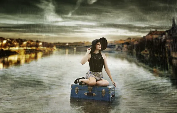 Picture girl, rain, suitcase