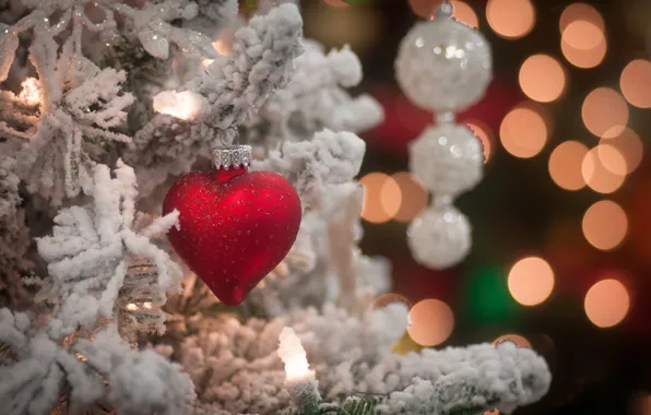 Picture snow, branches, holiday, toy, heart, tree, new year