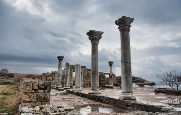 Picture the sky, clouds, trees, the ruins, after the rain, columns, Ukraine, the ancient city, Hersonissos