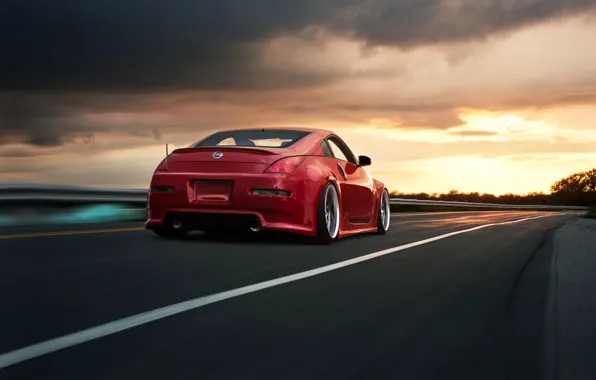 Picture speed, red, Nissan, road, 350Z, rear