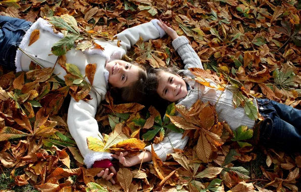 Picture autumn, leaves, joy, happiness, nature, children, mood, child, boy, girl, smile