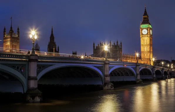 Picture road, water, night, bridge, reflection, river, England, London, the evening, lighting, lights, UK, Thames, Big …