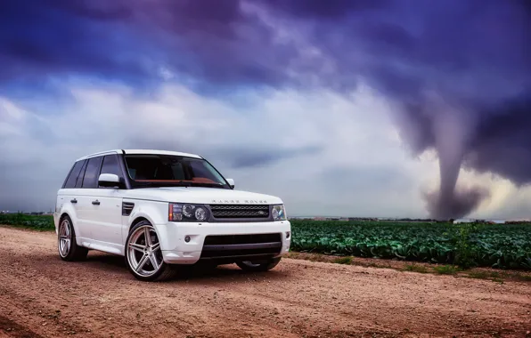 Picture road, field, white, the sky, clouds, hurricane, sport, white, land rover, range rover, range Rover, …