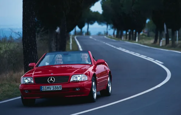 Picture road, trees, machine, nature, cars, Mercedes, mercedes benz sl r cars, widescreen pictures
