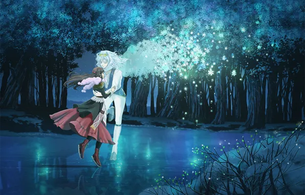 Picture ice, forest, girl, trees, snowflakes, nature, lake, fireflies, wings, scarf, art, pair, guy, two, tiara, …