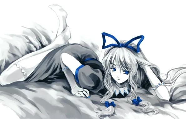 Picture girl, blue, tape, black and white, figure, stockings, lies, touhou, misaki kurehito
