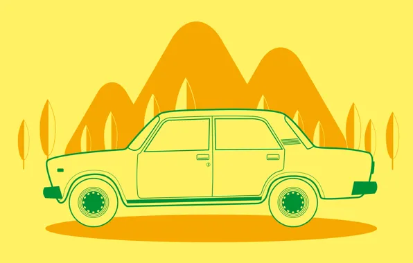Picture machine, trees, mountains, orange, abstraction, yellow, minimalism, vector, green, car, wheel, illustration