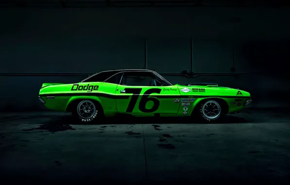 Picture Dark, Muscle, Dodge, Challenger, Car, Race, Green, Side, American