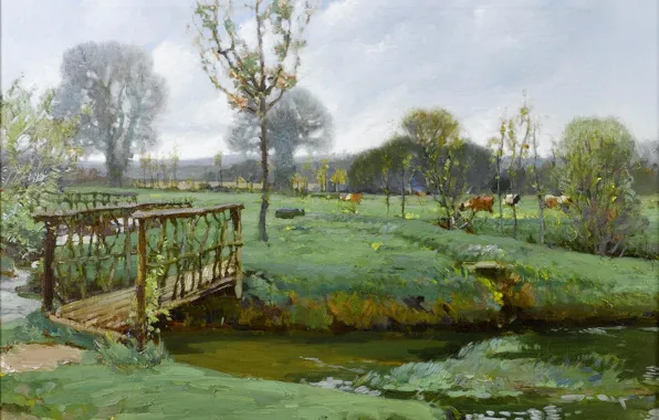 Picture the sky, grass, clouds, landscape, river, stream, picture, cows, meadow, the bridge, Samuel Birch, Landscape …