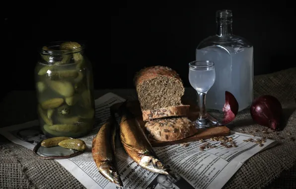 Picture FISH, BREAD, CUCUMBERS, BOW, VODKA, DECANTER, BANK, NEWSPAPER, GLASS, MOONSHINE