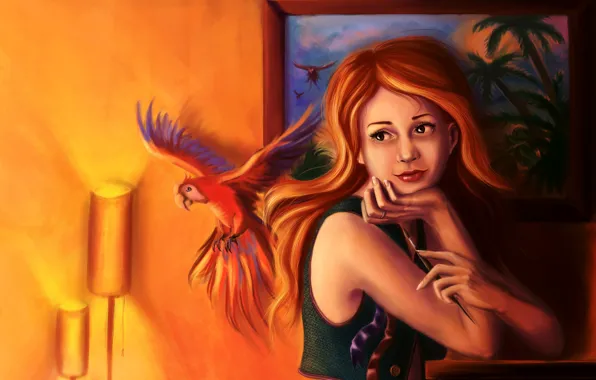 Picture look, girl, light, room, picture, art, parrot, red