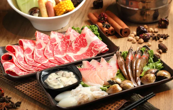 Picture fish, meat, cinnamon, shrimp, seafood, spices, Japanese cuisine, meals, squid, star anise, cuts, shellfish
