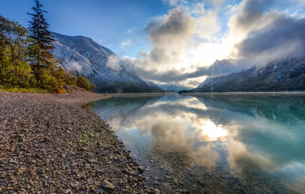 Picture mountains, clouds, river, stones, shore, Austria, the rays of the sun, Tirol