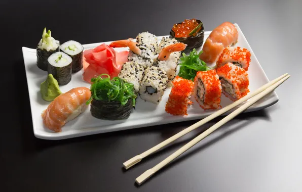 Picture sticks, plate, sushi, rolls, seafood