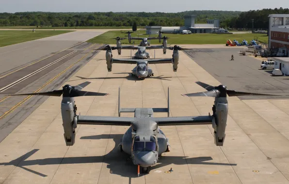 Picture the airfield, the tiltrotor, U.S. Air Force CV-22 Osprey
