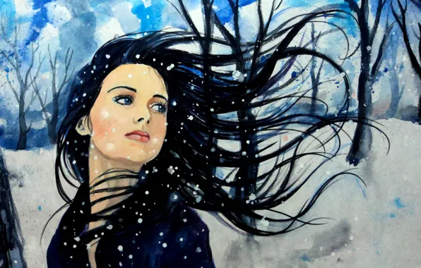 Picture winter, the sky, look, girl, snow, trees, face, the wind, hair, art, blue eyes, painting