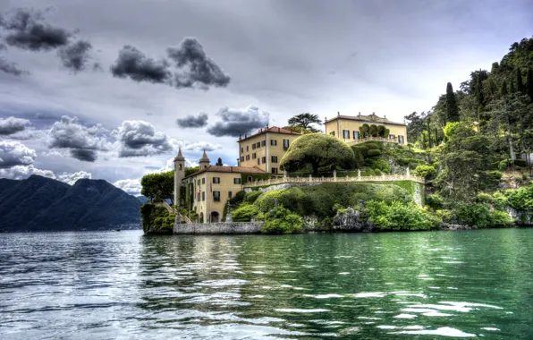 Picture clouds, trees, mountains, lake, coast, home, hdr, Italy, Lake Como, Lenno, Villa del Balbianello