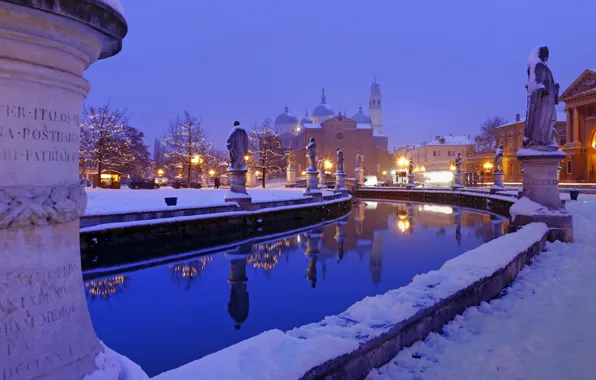 Picture winter, the sky, water, snow, lights, home, the evening, Cathedral, channel, sculpture, architecture