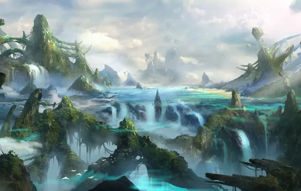 Picture mountains, birds, river, rocks, thickets, waterfall, art, fantasy world