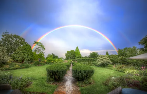 Picture the sky, trees, Park, rainbow, track, alley, the bushes