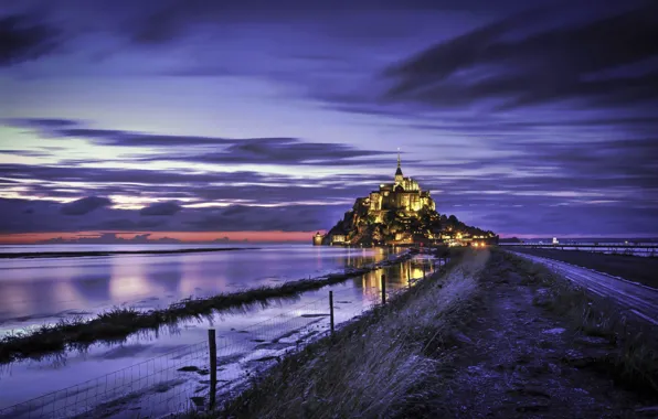 Picture road, clouds, France, fence, the monastery, Mont-Saint-Michel, Abbey, Manche