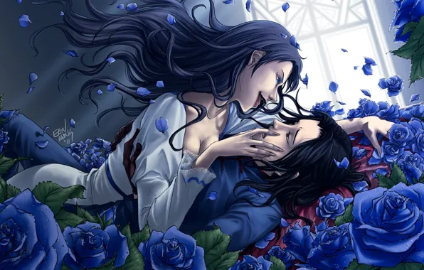 Picture girl, roses, petals, art, hugs, fangs, guy, blue, niju to the right, karl fei-ong, diva, …