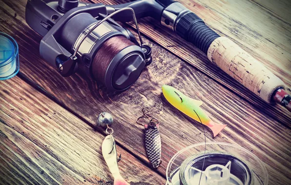 Picture wood, fishing rod, hook, fishing equipment