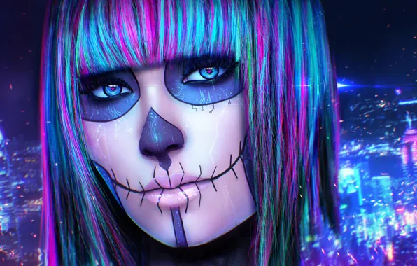 Picture eyes, look, girl, face, skull, makeup, art, cyberpunk, Synesthesia