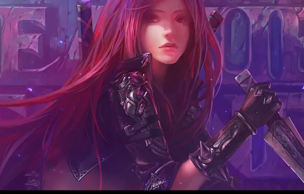 Picture armor, spikes, gloves, dagger, red, scar, long hair, League of Legends, Katarina