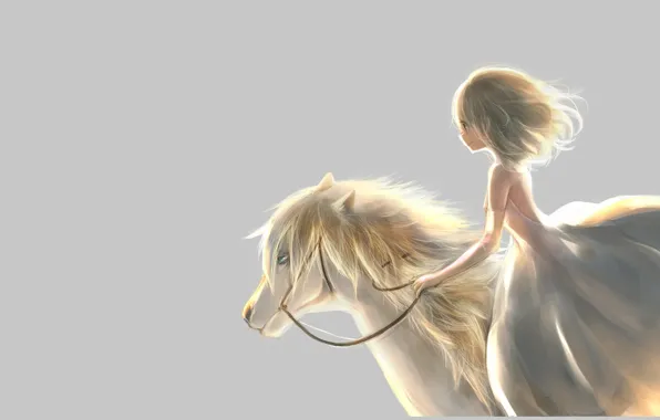 Picture dress, mane, Girl, pony, profile, rider, grey background