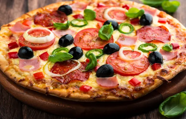 Picture cheese, bow, pizza, tomatoes, dish, olives, the dough, ham, salami