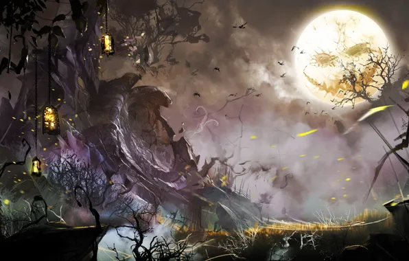 Picture trees, birds, night, face, the moon, art, lights, halloween, guild wars 2, horror