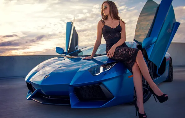 Picture Lamborghini, Girl, Legs, Beautiful, Model, Blue, LP700-4, Aventador, View, Supercar, Hair, Dress, Zoe P